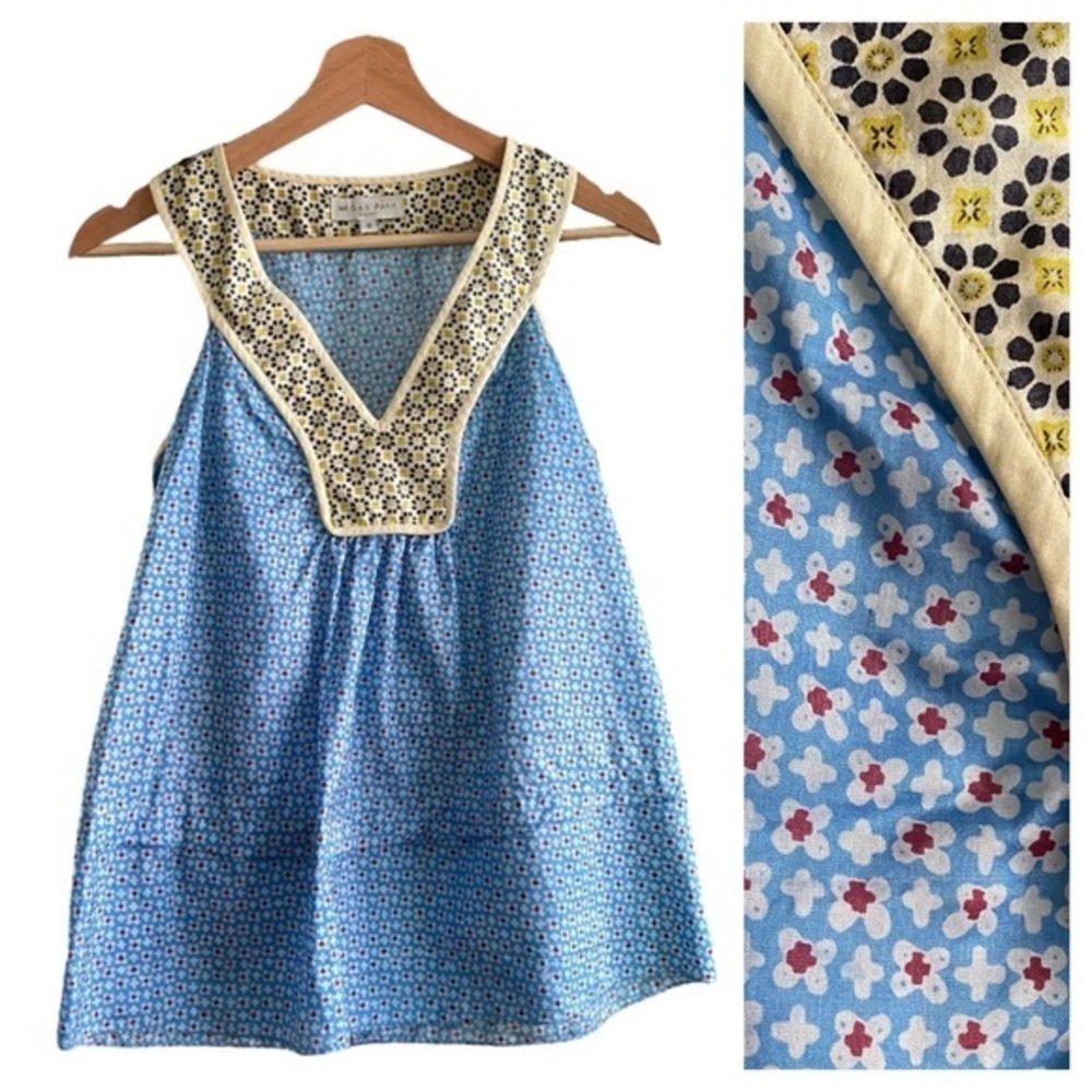Megan Park England Silk Blue Yellow Bohemian Floral Print Tank Top 0
